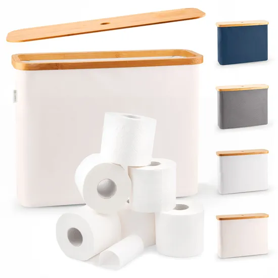 Elegant Beige Color Toilet Paper Storage for 12 Rolls with Bamboo Lid 