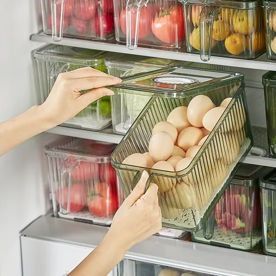 Fridge Organizer with Freshness Timer Lid, Stackable Refrigerator Organizer Bins with Front Handle and Drain Tray, BPA