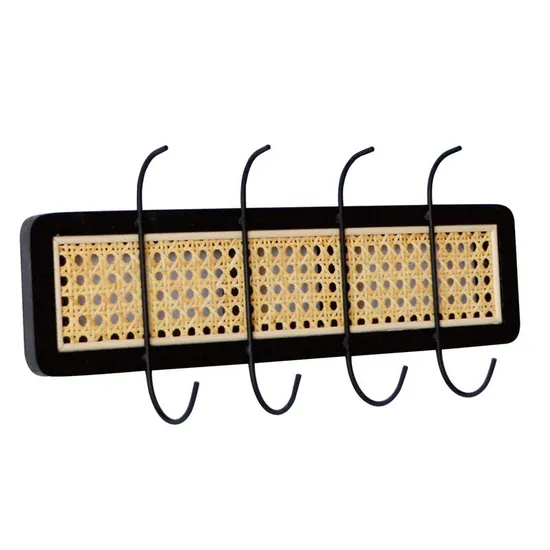 Wooden Boho Rattan Wall Mounted Hanging Coat Rack for Small Space 